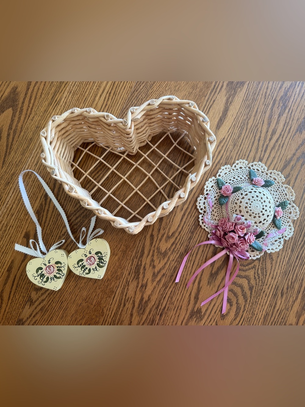 Cottagecore Decor Set: Woven Heart Basket, Doily Floral Hat, Wood Floral Hearts
